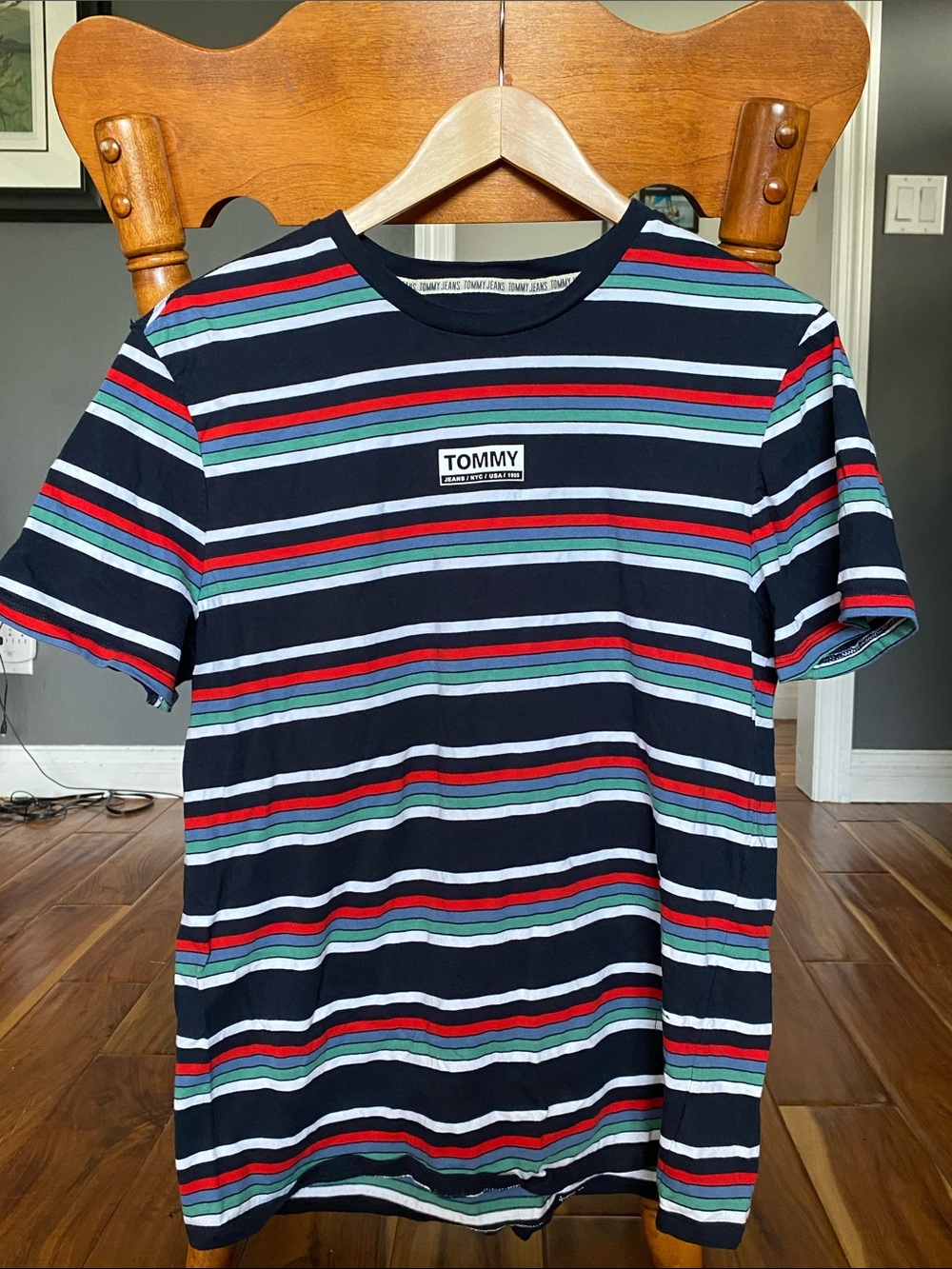Tommy Hilfiger Navy Striped Logo Tee with Red, Green, Light Blue, White